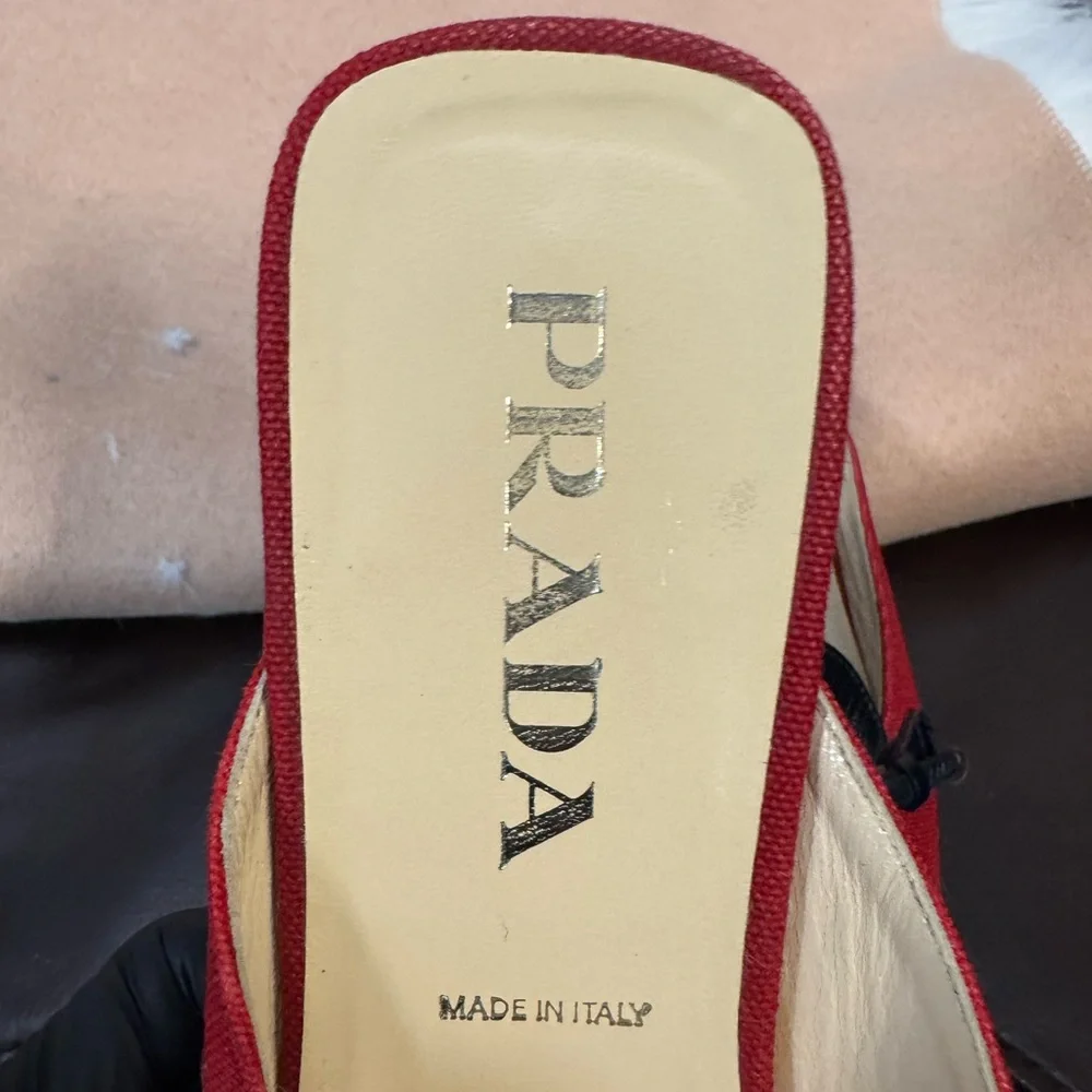 PRADA Loafer Mule 
Size: 37.5
Color: navy blue with red - Picture 3 of 6